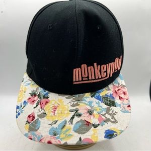 BK Monkeypod Baseball Cap. SnapBack OS cotton black w floral Bill